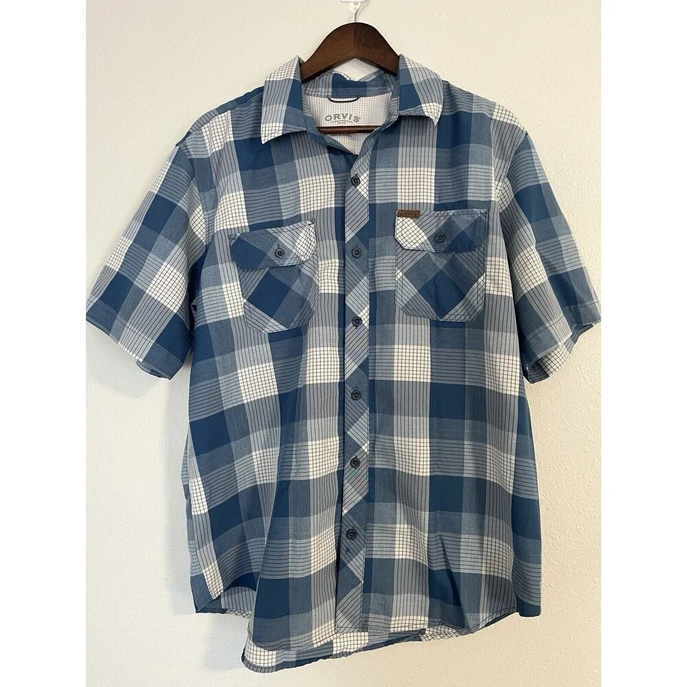 Orvis Shirt Men’s L Blue Plaid Performance Fishing Outdoor Button Up Collared